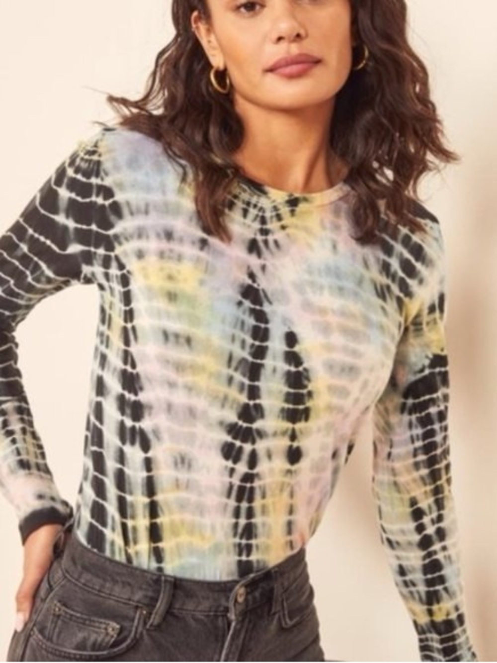 Reformation Long-Sleeve Tie-Dye Crew Neck Top - Pastel Black